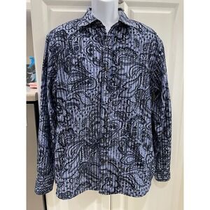 Malibu Cowboy Mens Long Sleeve Paisley Button Down Dress Shirt Blue Black Size L